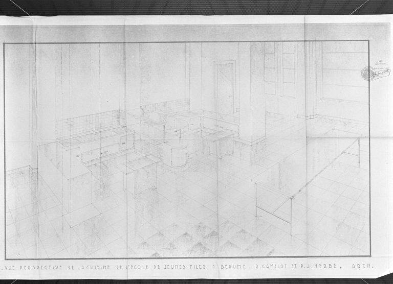 Vue perspective de la cuisine, R. Camelot, J. et P. Herbé architectes, Paris (Beaune, A. C., M IV § 3 article 2)