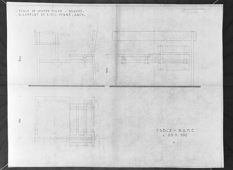 Mobilier : table-banc, 20/100, R. Camelot, J. et P. Herbé architectes, Paris (Beaune, A. C., M IV § 3 article 2)