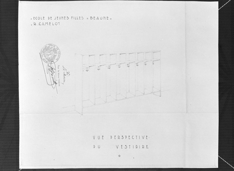 Mobilier : vue perspective du vestiaire, R. Camelot (Beaune, A. C., M IV § 3 article 2)