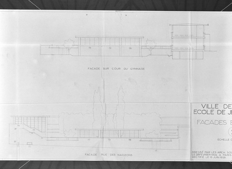 Elévations : façade sur cour du gymnase et façade rue des Naigeons, 1/100, R. Camelot, J. et P. Herbé architectes, Paris, 15 juin 1935 (Beaune, A. C., M IV § 3 article 2)