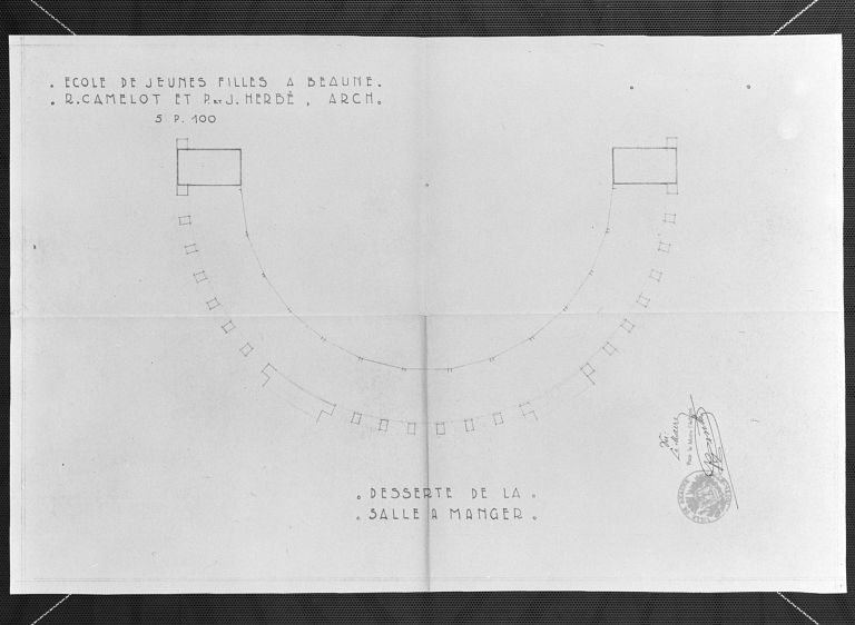 Salle à manger : plan de la desserte, 5/100, R. Camelot, J. et P. Herbé architectes, Paris (Beaune, A. C., M IV § 3 article 2)