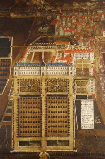 Détail : l'hôpital et ses jardins. - © Inventaire général, ADAGP