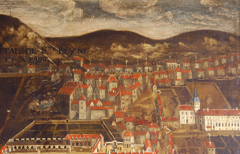 Détail : le village derrière l'hôpital. - © Inventaire général, ADAGP