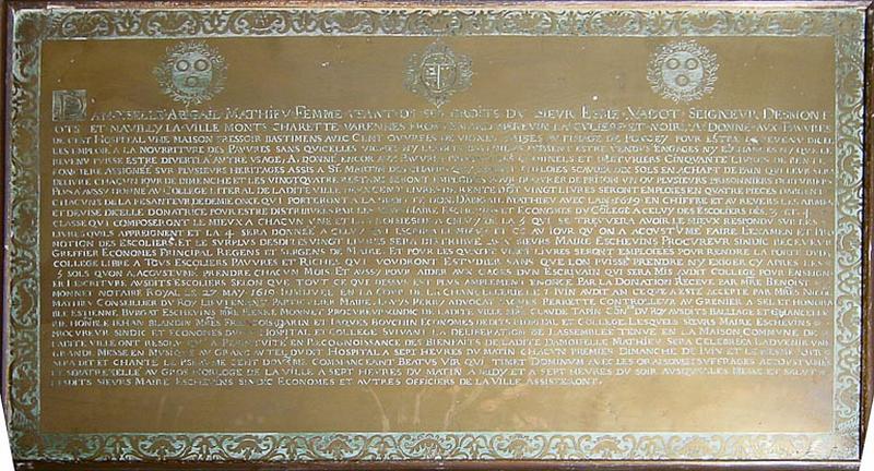 Plaque commémorative : inscription de fondation faite par Abiggaïl Mathieu en 1619