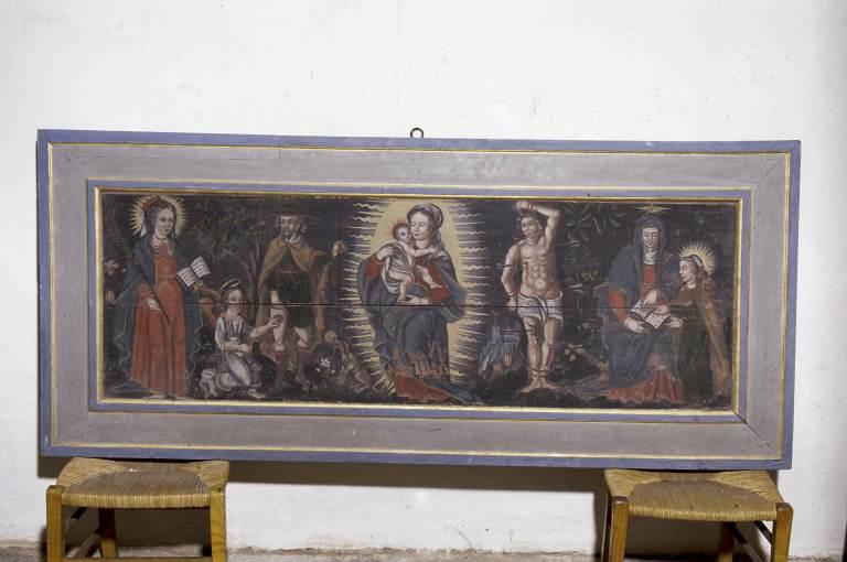 Tableau : Vierge à l'Enfant, sainte Reine, saint Roch, saint Sébastien et Education de la Vierge