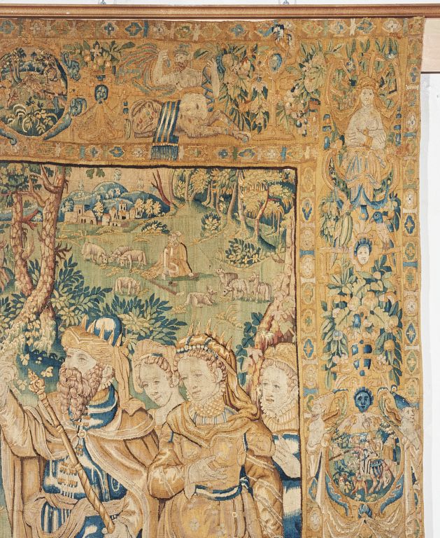 Pièce 3, détail : Pharaon et la reine au premier plan, Moïse gardant le troupeau de son beau-père au second plan.