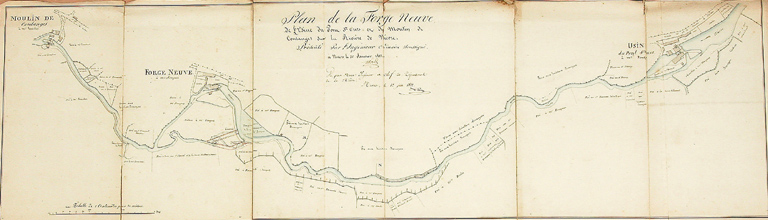 Plan de 1856. Tracé de la rivière et situation des forges de Forge Neuve et de Pont-Saint-Ours.