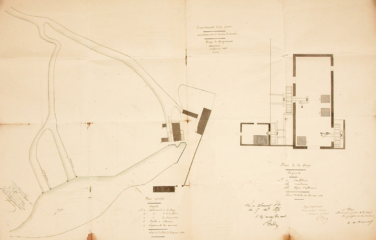 Plan de 1856. Forge de Forge Neuve de Coulanges-les-Nevers. Tracé de la rivière Nièvre et plan en coupe de la halle de la forge avec trois roues et le bâtiment de la soufflerie.