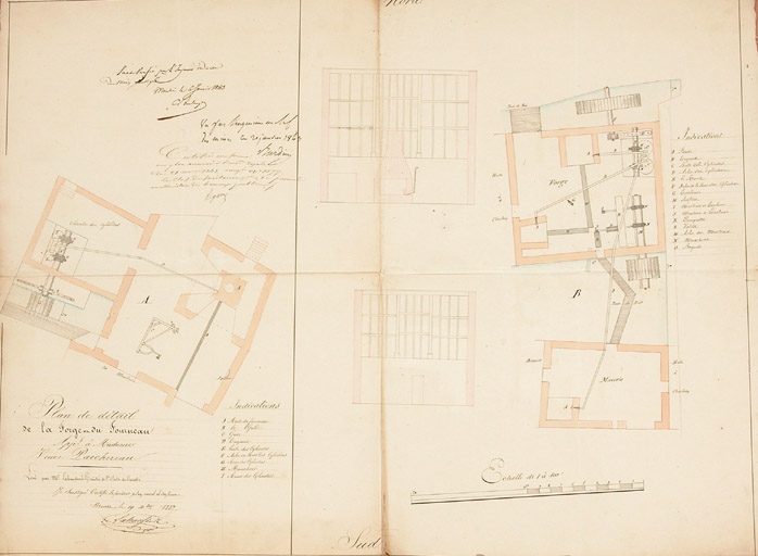 Année 1837. Plan en coupe de la halle de la forge et du fourneau appartenant à la veuve Paischereau.