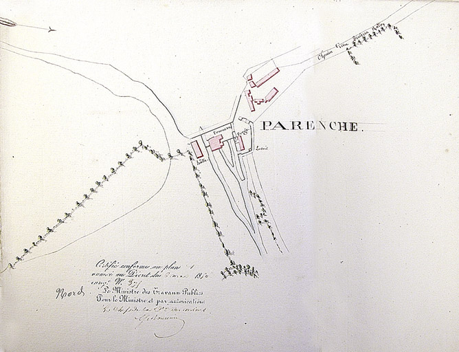 Plan de situation de la forge et du fourneau sur l'étang de Parenche. Détail.