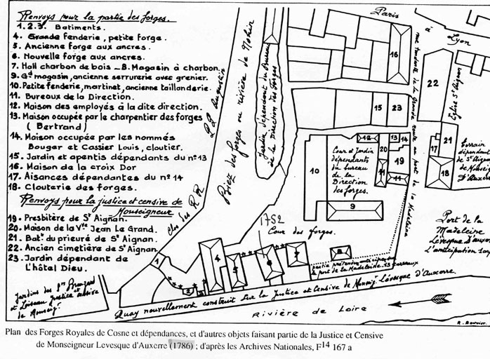 Croquis des Forges Royales de Cosne et dépendances et d'autres objets faisant partie de la Justice et Censive de Monseigneur Levesque d'Auxerre 1786, d'après AN F14 167a par Alian Bouthier.