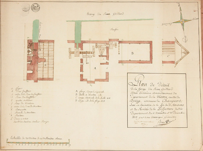 CHAMPVERT 1805-1828, plan de détail de la forge du Riau Gaillard, 1813.