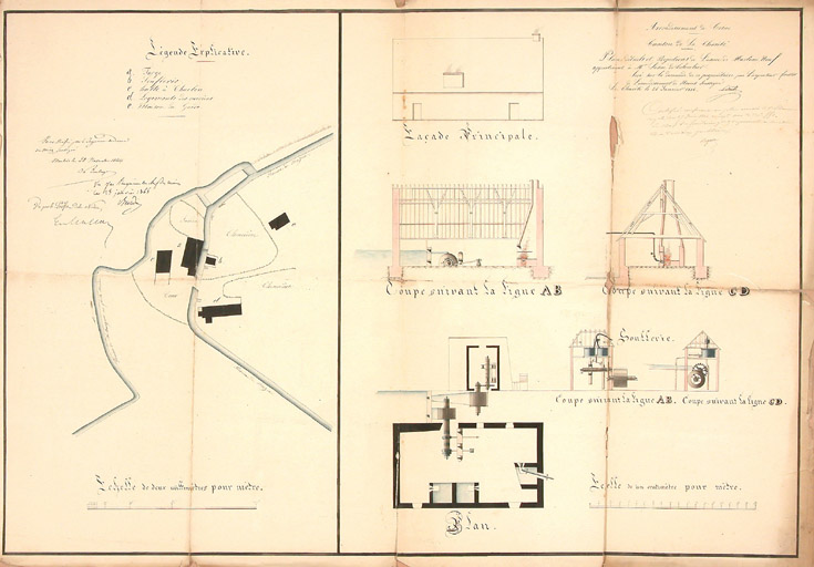 Usine à fer de Marteauneuf 1844-1853. Plan de la forge et de la rivière Mazou.