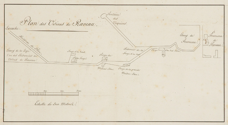 Haut-fourneau de Raveau sur l'étang du fourneau. Plan sommaire des forges en 1812 et du HF.