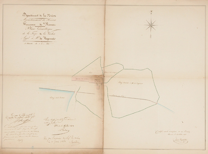 Ruisseau et fontaine de la Vache, forges de la Vache : plan (1837). 1841-1854. Plan de situation de la forge sur la fontaine actuelle de la Vache.