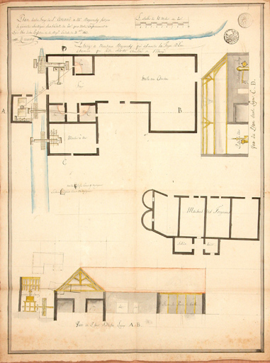 Forge de Saint-Amand et haut fourneau situé sur l'étang de Maison-Fort, plan, de la forge en coupe en 1812.