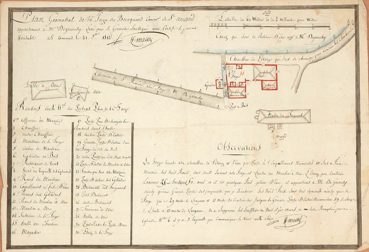 Forge de Saint-Amand et haut fourneau situé sur l'étang de Maison-Fort., plan de situation en 1812.
