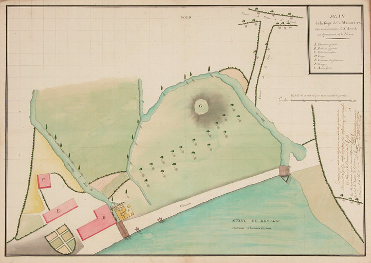 Forge de Saint Amand situé sur l'étang du boucard (de Maison-Fort). Plan de la forge sur l'étang. 12 Thermidor an13.