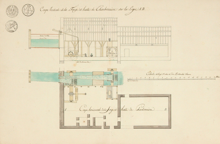 Sauvigny-les-Bois 1841-1857. Ruisseau de Faye, usine à fer de la Charbonnières : plans (1837, 1856). 1841-1857. App. À Mr le Comte d'Osmond. Plan de la forge.