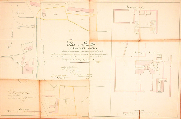 Sauvigny-les-Bois 1841-1857. Ruisseau de Faye, usine à fer de la Charbonnières : plans (1837, 1856). 1841-1857. App. À Mr le Comte d'Osmond. Plan général de l'usine.