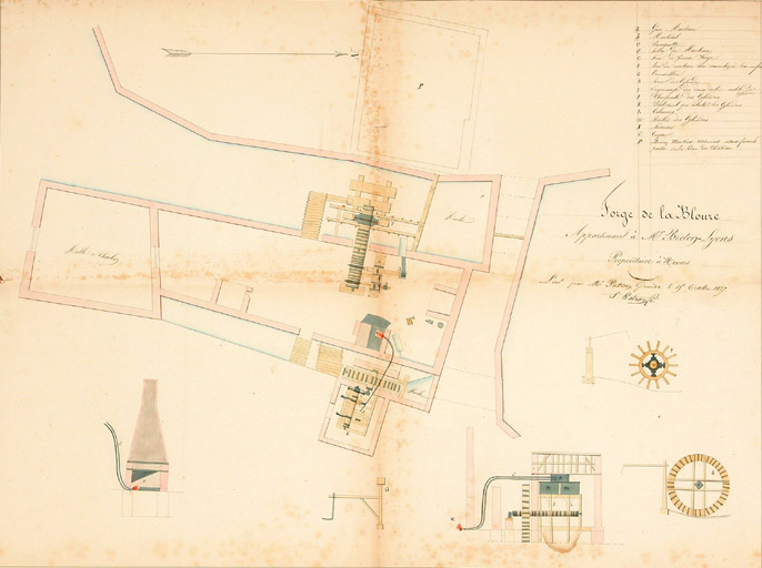 POISEUX 1813-1854. Ruisseau de Chaillant, usine à fer dite de la Blouze. 1847-1852. plan (1813). Plan général du fourneau de la Belouse. Plan de la forge de la Belouse.