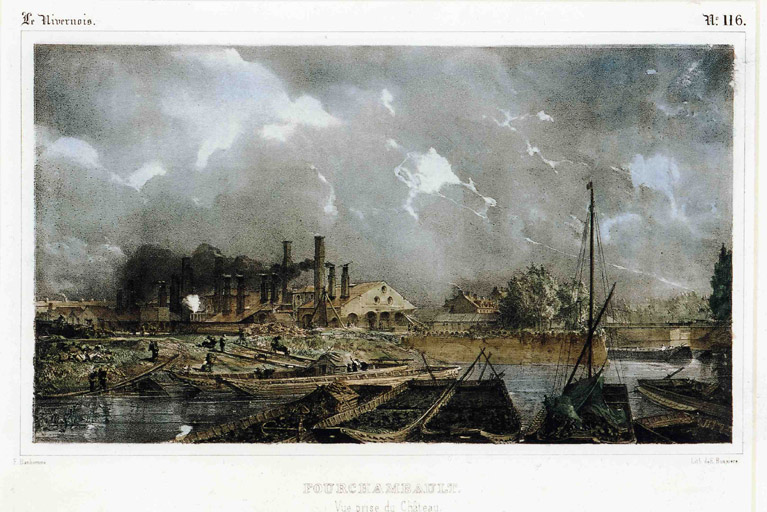 Fourchambault. Vue prise du Château, 1838-1840, par Ignace-Bonhommé (dess.) et Edmond Bussière (lith.).
