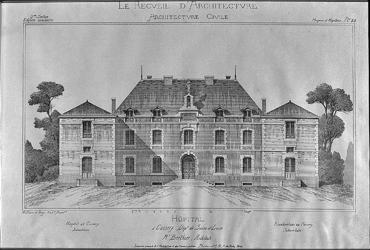 Gravure représentant l'hospice, extrait de 'Le recueil d'architecture'.