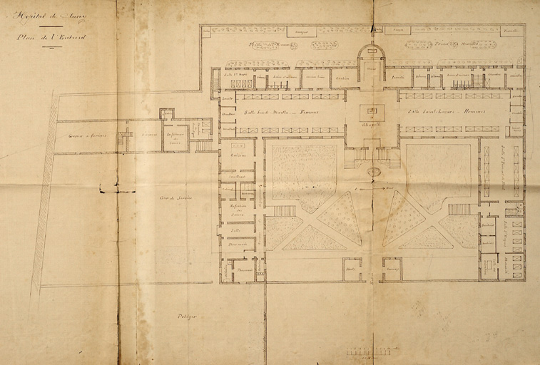 Plan masse de l'Hôtel-Dieu et des jardins, première moitié XXe siècle.