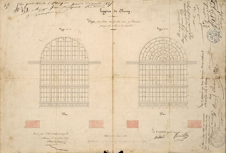 Dessin des projets de portes séparant les salles des malades de la chapelle.