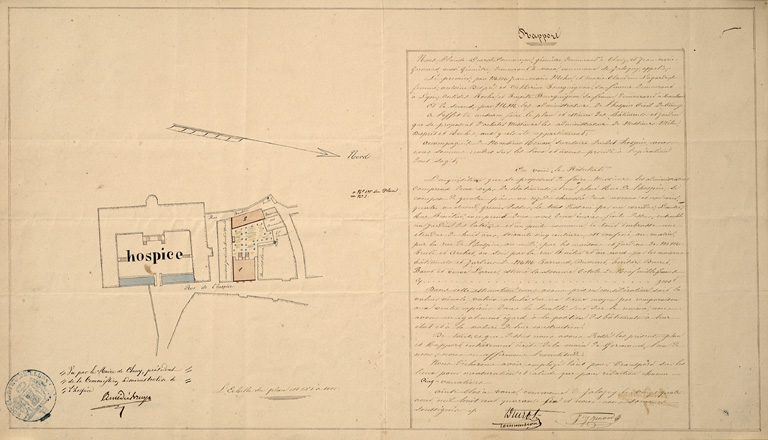 Plan masse de l'Hôtel-Dieu et de bâtiments servant au logement des soeurs, 1846.