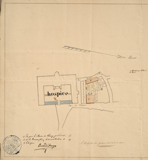 Plan masse de l'Hôtel-Dieu et de bâtiments servant au logement des soeurs, 1846, détail.