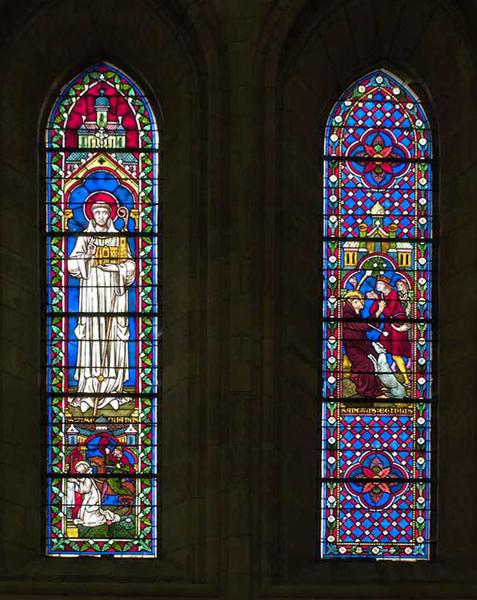 Saint Seine recevant l'habit des mains de saint Jean de Réôme (baie 13) et saint Seine en pied au-dessus de la scène de la visite de son père (baie 11).