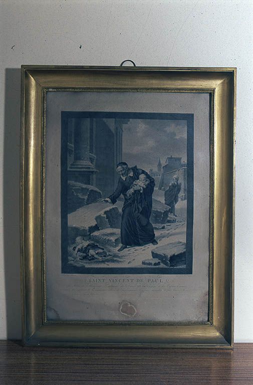 Estampe : saint Vincent de Paul sauvant des enfants abandonnés