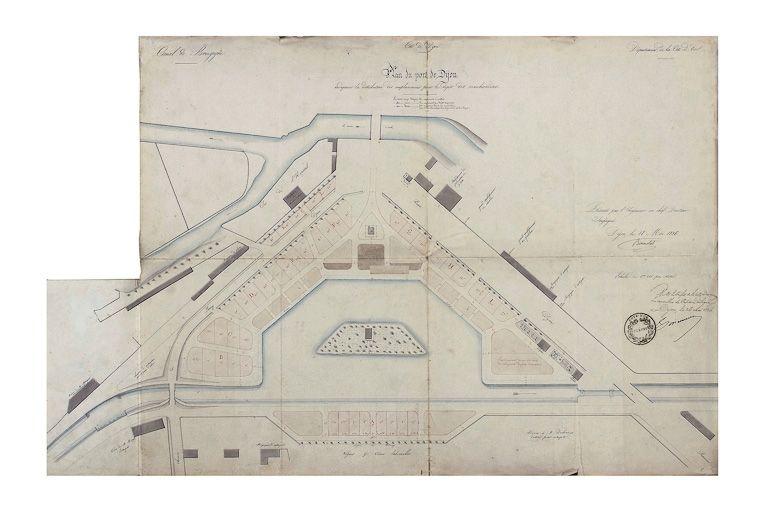 'Plan du port de Dijon indiquant la distribution des emplacements pour le dépôt des marchandises'.