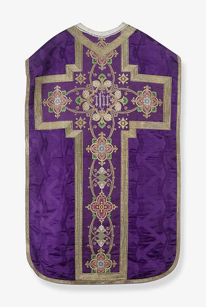 Ornement violet (chasuble, étole, manipule, voile de calice, bourse de corporal)