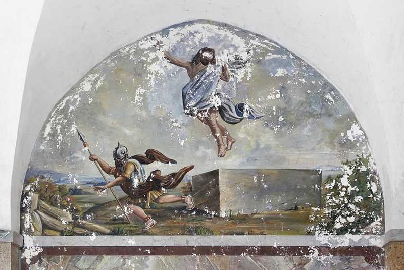 Peinture monumentale : Christ en croix, La Résurrection et paysage