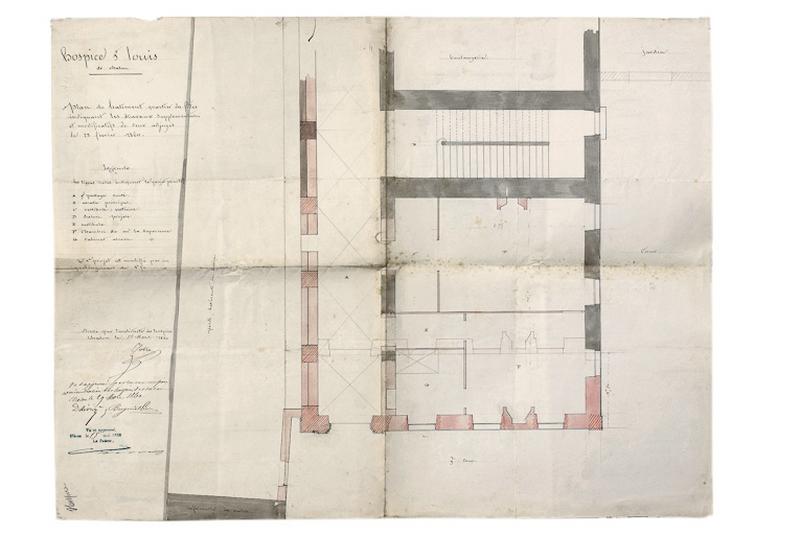 'Hospice St Louis de Chalon. Plan du bâtiment quartier des filles indiquant les travaux supplémentaires et modificatifs de ceux adjugés le 23 février 1860', par l'architecte Zolla, 22 mars 1860.