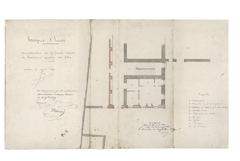 'Hospice St Louis. Reconstruction de la façade latérale du bâtiment quartier des filles', par l'architecte Zolla, le 25 août 1859.