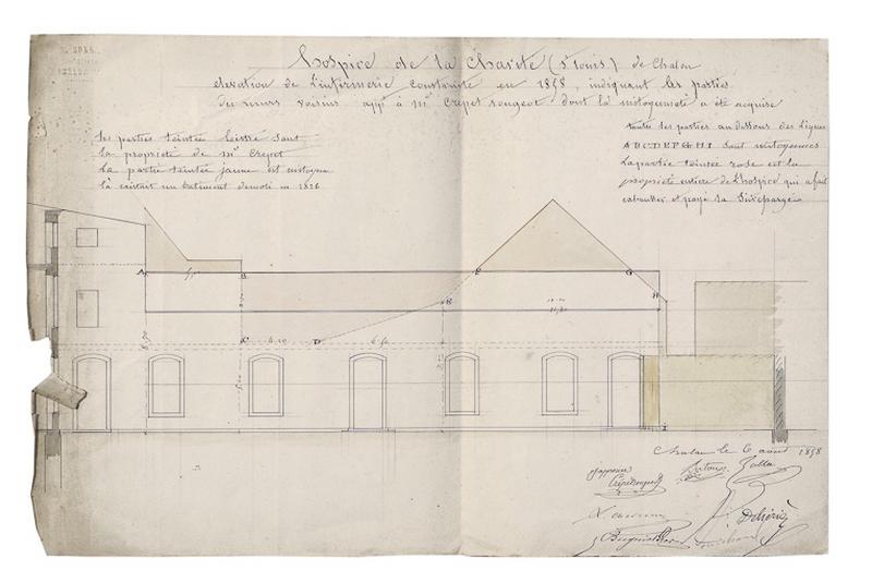'Hospice de la Charité (St Louis) de Chalon. Elevation de l'infirmerie construite en 1858...', par l'architecte Zolla, le 6 août 1858.
