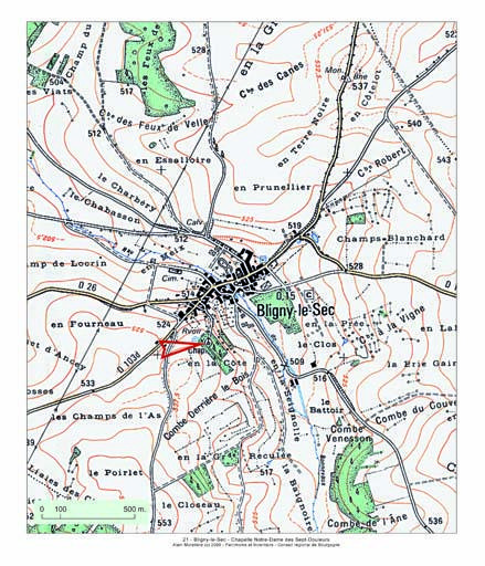 Plan de localisation, extrait de la carte topographique de l'IGN au 1:25000e, agrandie au 1:12500e.