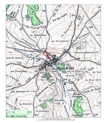 Plan de localisation, extrait de la carte topographique de l'IGN au 1:25000e, agrandie au 1:12500e.