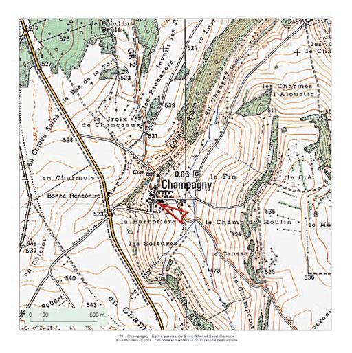 Plan de localisation, extrait de la carte topographique de l'IGN au 1:25000e, agrandie au 1:12500e.