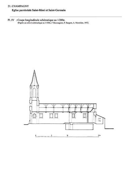 Coupe longitudinale schématique au 1:200e d'après un relevé schématique au 1:100e de F. Boussageon, P. Bargeot et A. Morelière, 1972.