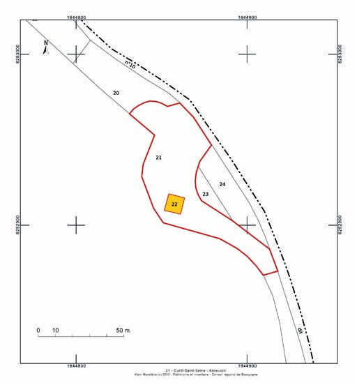 Plan de situation et plan-masse, extrait du plan cadastral au 1:5000e de 2007, agrandi au 1:1000e.