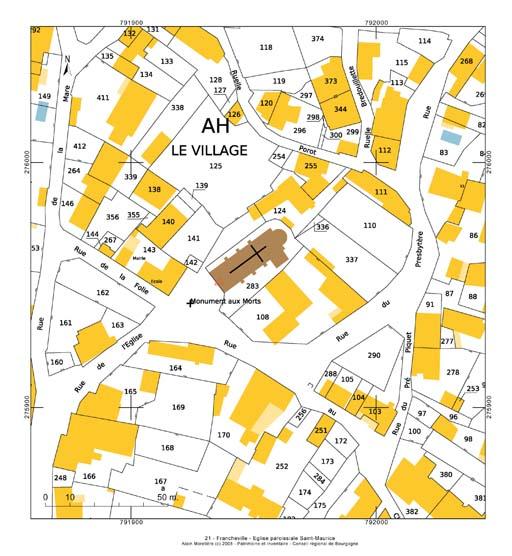 Plan de situation et plan-masse, extrait du plan cadastral au 1:1000e de 2007, section AH.