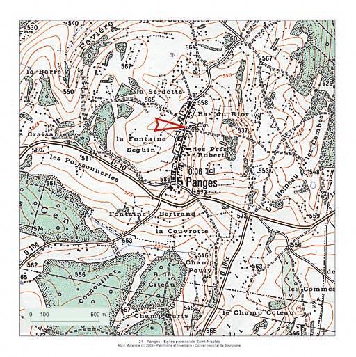 Plan de localisation, extrait de la carte topographique de l'IGN au 1:25000e agrandie au 1:12500e.