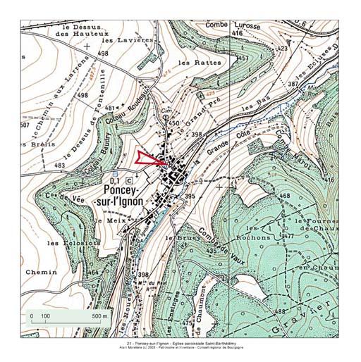 Plan de localisation, extrait de la carte topographique de l'IGN au 1:25000e agrandie au 1:12500e.