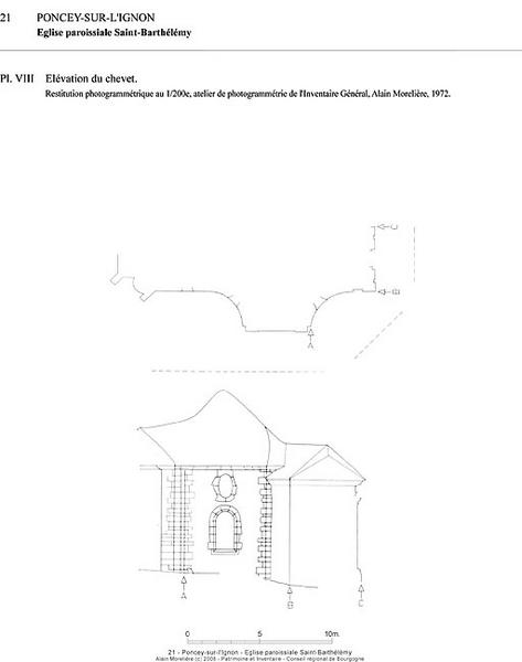 Elévation du chevet, restitution photogrammétrique par courbes de niveau au 1:100e, 1972.