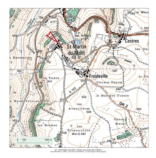 Plan de localisation, extrait de la carte topographique de l'IGN au 1:25000e agrandie au 1:12500e.