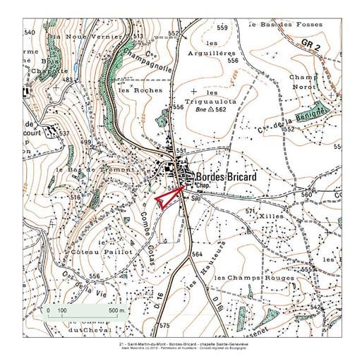 Plan de localisation, extrait de la carte topographique de l'IGN au 1:25000e agrandie au 1:12500e.